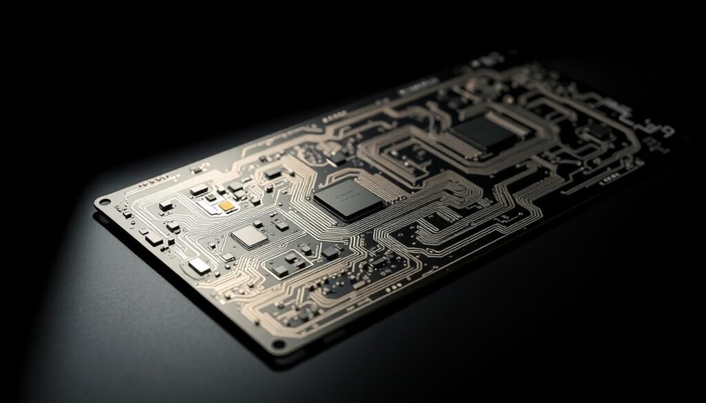 A sleek, modern avionics PCB design, showcasing intricate circuit patterns and intricate component layouts. The board is displayed in a well-lit, high-contrast environment, with subtle shadows and reflections highlighting its sophisticated engineering. The design features a mix of rigid and flexible sections, seamlessly integrated to optimize space and performance. The arrangement of components, traces, and vias demonstrates a strategic, thoughtful approach to minimizing signal interference and maximizing reliability. The overall composition conveys a sense of precision, innovation, and advanced aerospace technology.