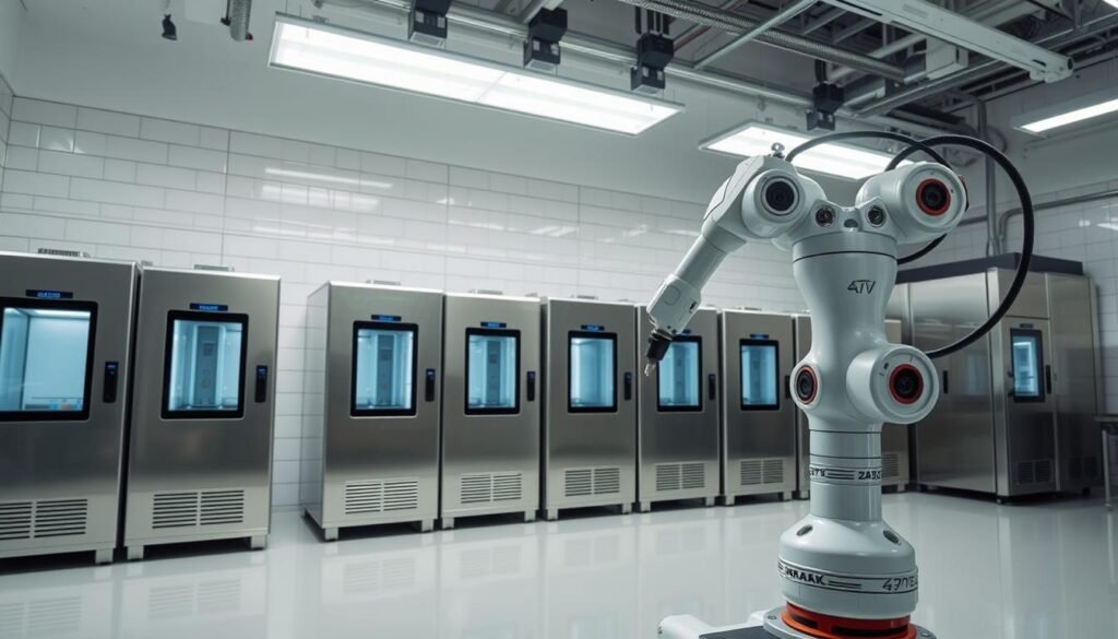 A sleek, modern laboratory setting with multiple thermal shock testing chambers. The chambers are large, industrial-grade units made of stainless steel and tempered glass, arranged in a row against a white tiled wall. Bright, overhead LED lighting casts a clean, clinical glow, casting sharp shadows and highlights on the equipment. The chambers have digital control panels and view ports, allowing technicians to monitor the tests. In the foreground, a robotic arm stands ready to load and unload test samples. The atmosphere is one of precision, efficiency, and state-of-the-art technology dedicated to rigorous automotive electronics testing.