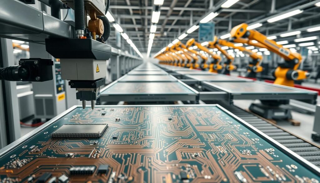 A sleek, modern manufacturing facility with rows of automated PCB assembly lines. The foreground features a close-up view of a high-speed pick-and-place machine precisely placing components on a large, multi-panel PCB. The middle ground showcases the panelized PCB layout, with intricate copper traces and solder mask. In the background, robotic arms and conveyor belts efficiently transport the PCBs through various stages of the production process. Bright LED lighting illuminates the scene, creating a clean, technical atmosphere. The overall composition conveys the efficiency, precision, and high-volume nature of panelized PCB manufacturing.