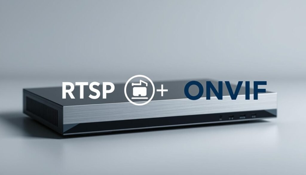 A sleek, modern network device on a minimalist gray background. In the foreground, the RTSP and ONVIF protocol logos are prominently displayed, their icons and typography rendered in a clean, high-tech style. The device has a brushed metal finish, conveying a sense of robust, industrial design. Subtle ambient lighting from the sides casts soft shadows, highlighting the device's form and the protocols' visual identities. The overall composition is balanced, with a focus on showcasing the essential technologies for IP camera and NVR testing.