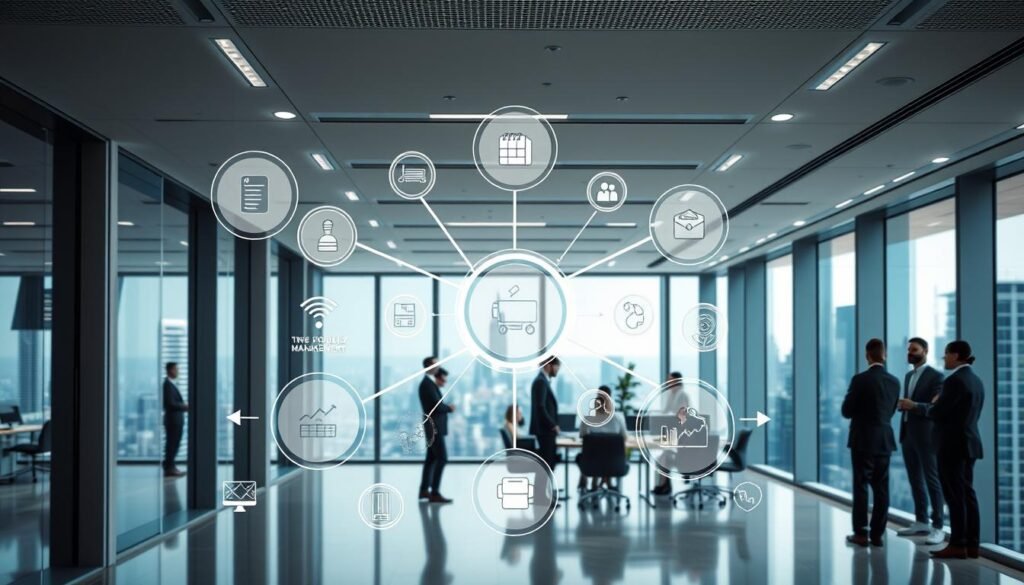 A sleek, modern office interior with a focus on supplier quality management systems. In the foreground, a stylized diagram of an interconnected supply chain network, with icons and visualizations depicting quality control processes, traceability, and collaboration. In the middle ground, a group of professionals in business attire, gathered around a conference table, engaged in a discussion. The lighting is bright and professional, with a mix of overhead lighting and task lighting, creating a sense of clarity and productivity. The background features floor-to-ceiling windows, overlooking a cityscape, conveying a sense of a thriving, technology-driven business environment.