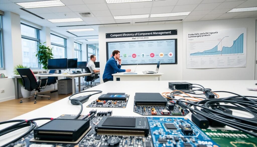 A sleek, modern office space with a clean, minimalist design. In the foreground, a neatly organized workstation showcases a variety of electronic components, including circuit boards, microchips, and cables, all arranged in a visually appealing manner. The middle ground features a team of engineers collaborating on a project, discussing best practices for component management to ensure the longevity and reliability of long-life security products. The background depicts a wall-mounted display showcasing product lifecycle management strategies and a timeline of component obsolescence trends. The overall scene conveys a sense of professionalism, attention to detail, and a commitment to proactive planning for component obsolescence.