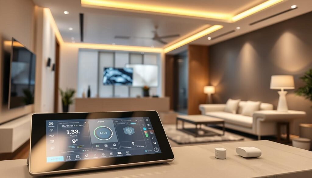 A sleek, modern smart home security system integrated with advanced IoT technologies. In the foreground, a state-of-the-art touchscreen panel displays interconnected security data and controls. In the middle ground, an array of discreet, strategically placed sensors and cameras monitor the environment. The background showcases a minimalist, high-tech interior with clean lines and subtle ambient lighting, conveying a sense of reliable, unobtrusive protection. The overall scene radiates a vibe of sophisticated, seamless security that blends harmoniously with the contemporary setting.