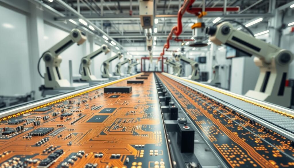 A sleek, precision-engineered drone PCB manufacturing facility, with robotic arms and conveyor belts precisely assembling intricate circuits under bright, diffused lighting. The foreground showcases a close-up view of a high-density PCB, its copper traces and solder joints gleaming with meticulous attention to detail. In the middle ground, technicians in clean-room garb monitor the automated production line, ensuring each board meets the highest standards of quality and reliability. The background reveals a panoramic view of the clean-room environment, with filtered air systems and specialized equipment maintaining the optimal conditions for sensitive electronics manufacturing.