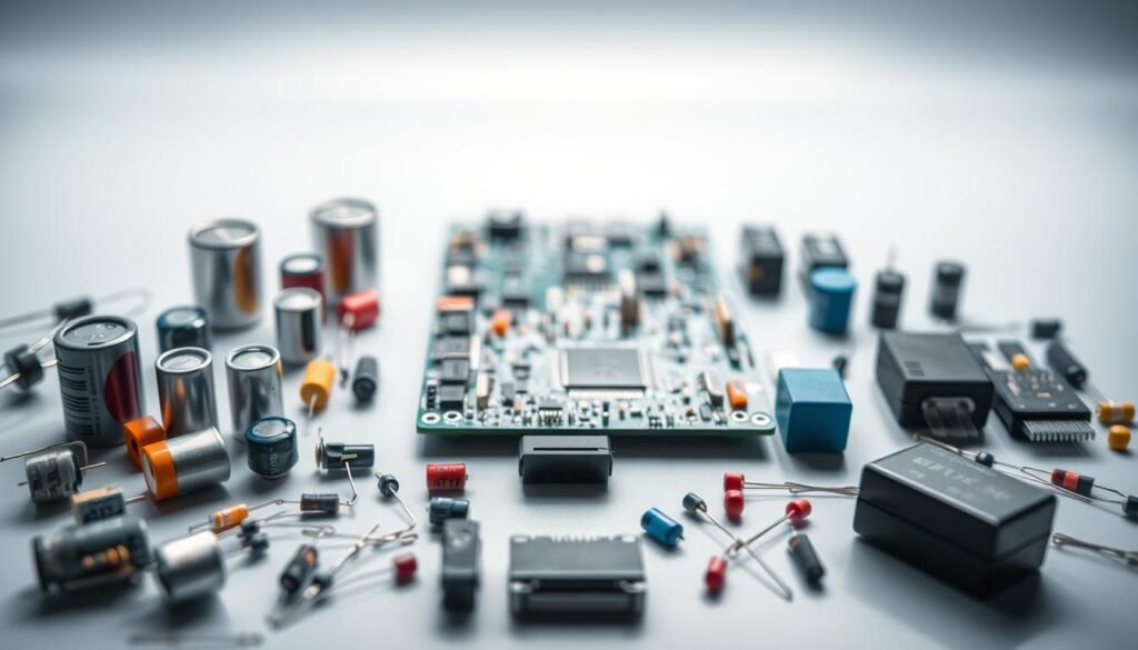 A sleek, well-lit tabletop scene showcasing an assortment of high-quality electronic components used in PCB design. In the foreground, various capacitors, resistors, and integrated circuits are neatly arranged, their metallic surfaces and color-coded housings reflecting the studio lighting. In the middle ground, a partially assembled circuit board serves as the focal point, highlighting the careful placement and integration of these components. The background features a clean, minimalist workspace with a subtle grid pattern, conveying a sense of precision and attention to detail. The overall mood is one of professionalism, innovation, and a keen focus on component selection to achieve the optimal balance of quality and cost-effectiveness.
