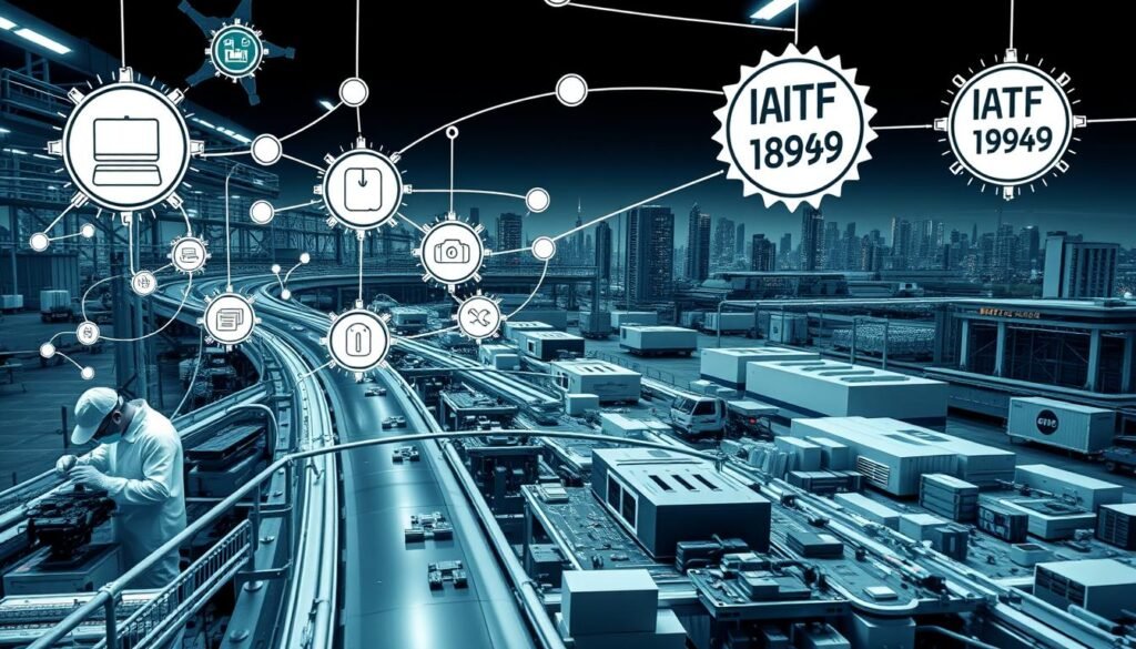 A sprawling automotive supply chain network, intricate and interconnected, showcasing the pivotal role of IATF 16949 certification. In the foreground, a sleek, silver-grey PCBA assembly line, workers clad in pristine white suits meticulously inspecting components. The middle ground features a web of supplier icons, logistics hubs, and quality control checkpoints, all streamlined and synchronized. In the distant background, a cityscape of towering factories and distribution centers, their façades emblazoned with the IATF 16949 logo, a testament to the industry's commitment to quality. Lighting is crisp, with a subtle interplay of shadows and highlights, capturing the precision and dynamism of the automotive PCBA supply chain. The overall mood is one of efficiency, reliability, and unwavering quality assurance.