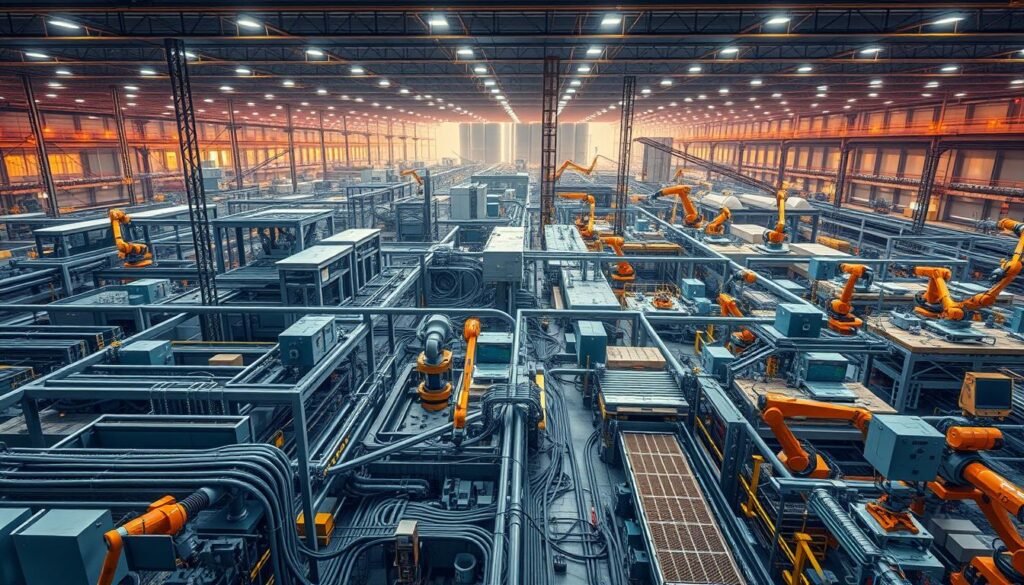 A sprawling industrial landscape, bathed in the warm glow of LED lighting. In the foreground, a network of IoT sensors and control modules seamlessly integrate with robotic assembly lines, monitoring production data in real-time. The middle ground showcases a complex web of cables, conduits, and networking equipment, symbolizing the interconnected nature of the smart factory. In the background, towering silos and warehouses loom, hinting at the scale and efficiency of this highly automated manufacturing ecosystem. The overall scene conveys a sense of technological sophistication, precision, and the integration of digital systems with physical infrastructure - the hallmarks of a state-of-the-art industrial IoT implementation.