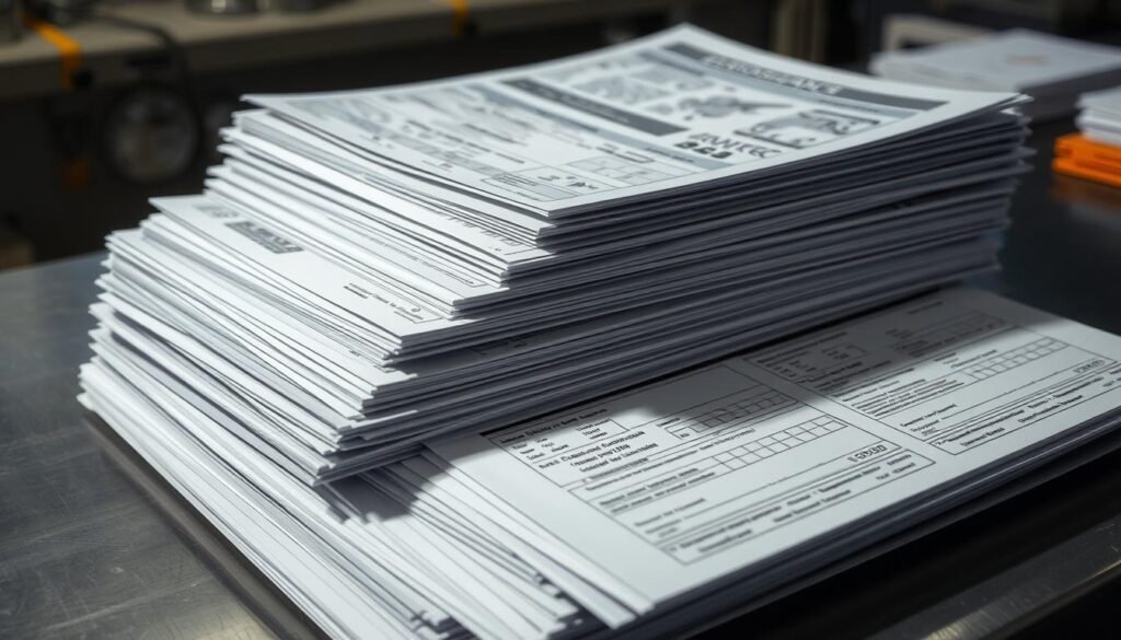 A stack of aerospace manufacturing documentation forms, meticulously organized on a well-lit workbench. The forms feature technical schematics, engineering specifications, and quality control checklists, all rendered in a precise, technical style. The lighting is soft and directional, casting subtle shadows that emphasize the depth and texture of the documents. The camera angle is slightly elevated, providing a comprehensive view of the paperwork, conveying a sense of thoroughness and attention to detail. The overall mood is one of professionalism and industry, reflecting the rigor and importance of the First Article Inspection process.