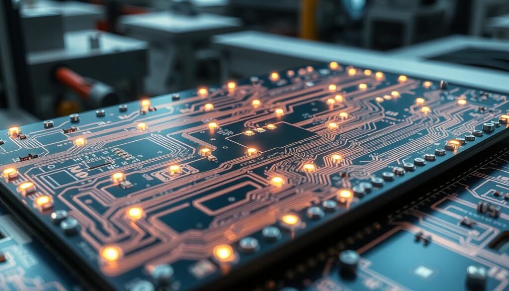 A state-of-the-art PCB design, meticulously optimized for high-volume manufacturing. The layout features intricate copper traces winding through multiple layers, precisely arranged to minimize signal interference and maximize board density. Bright LED indicators dot the surface, casting a warm glow across the scene. The board is bathed in soft, directional lighting, emphasizing the subtle textures of the solder mask and the gleam of the metallic components. In the background, a blurred factory environment hints at the board's intended purpose - powering the next generation of consumer electronics.