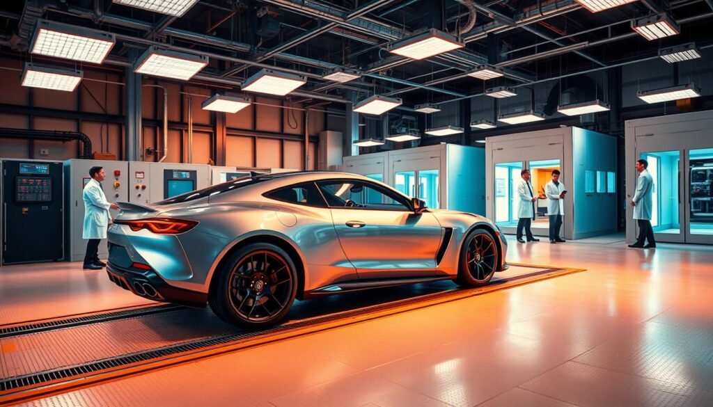 A state-of-the-art automotive testing facility, bathed in warm, directional lighting. In the foreground, a sleek, high-performance vehicle undergoes a comprehensive vibration test, its wheels and chassis subjected to a rigorous shaking regimen. In the middle ground, engineers in lab coats scrutinize data readouts, monitoring the electronic systems' resilience. In the background, a series of climate-controlled chambers simulate extreme thermal conditions, ensuring the vehicle's critical components can withstand the demands of the open road. The atmosphere is one of precision, dedication, and a relentless pursuit of automotive reliability.
