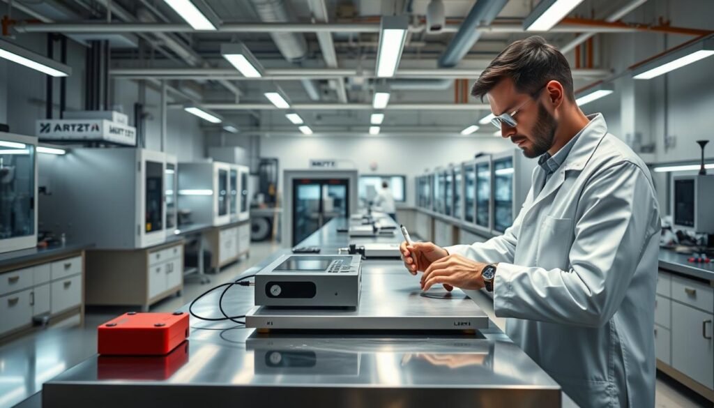 A state-of-the-art laboratory with gleaming metal workbenches and precisely calibrated instruments. In the foreground, an engineer in a white lab coat meticulously examines a sleek, high-end product, applying probes and carefully documenting measurements. The background is filled with rows of testing equipment, environmental chambers, and specialized tools, conveying an atmosphere of unwavering quality control and attention to detail. Soft, directional lighting from overhead casts shadows that emphasize the clean, industrial aesthetic, while the overall scene radiates a sense of professionalism and rigorous standards befitting a premium consumer brand.