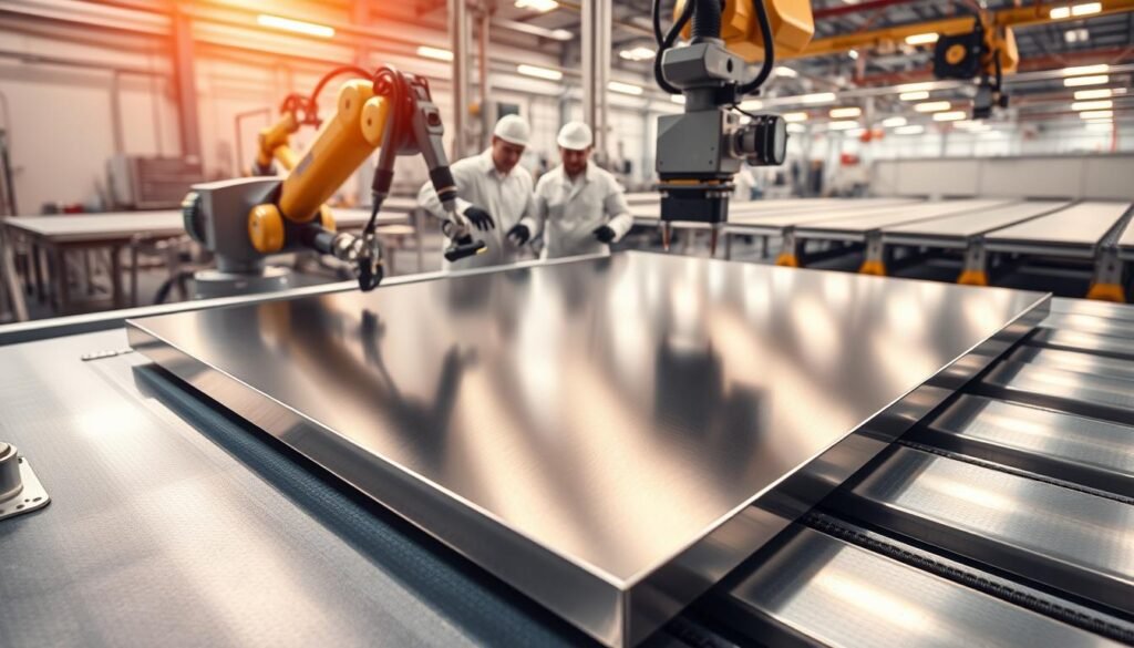A state-of-the-art production line, bathed in warm, diffused lighting. In the foreground, a gleaming metal panel, its surface flawlessly smooth and free of any blemishes or imperfections. Precision robotic arms delicately manipulate the panel, ensuring every edge and corner is expertly finished. In the middle ground, workers in clean-room attire monitor the process, their expressions focused and intent. The background reveals a meticulously organized factory floor, with rows of identical panels awaiting their final assembly. The overall atmosphere conveys a sense of streamlined efficiency, technological sophistication, and unwavering quality control.