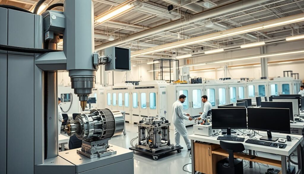 A state-of-the-art quality assurance facility with an array of advanced testing equipment and meticulously arranged workstations. The foreground showcases a sleek, high-precision coordinate measuring machine, its robotic arm precisely inspecting a complex aerospace component. In the middle ground, engineers in clean-room attire closely monitor computer-controlled environmental stress chambers, ensuring reliability under extreme conditions. The background reveals a panoramic view of the facility, with rows of specialized testing rigs and a clean, well-lit atmosphere conveying a sense of professionalism and attention to detail. Subtle industrial lighting casts a warm, technical glow, complementing the modern, efficient design of the space.