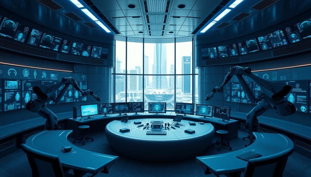 A state-of-the-art security control room with advanced biometric scanning systems, holographic displays, and real-time video feeds. The sleek, minimalist design features a central command console surrounded by a curved wall of high-resolution monitors. Soft blue lighting casts an eerie glow, while precise, mechanical movements of robotic security arms evoke a sense of power and precision. In the background, a cityscape of towering skyscrapers and futuristic architecture is visible through floor-to-ceiling windows, hinting at the scale and importance of the security operations. The overall atmosphere conveys a blend of technological sophistication and unwavering vigilance.