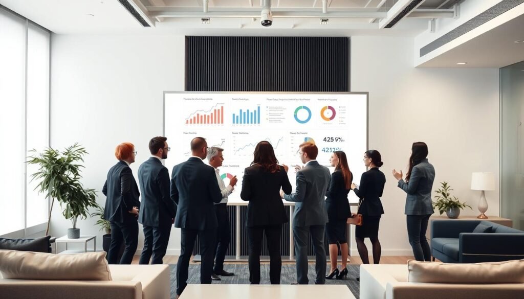A stylish, modern office setting with a large whiteboard at the center. On the whiteboard, various analytics data visualizations are displayed, including line graphs, pie charts, and Venn diagrams. In the foreground, a group of professionals in business attire are gathered around the whiteboard, engaged in an animated discussion, gesturing towards the data. The lighting is bright and diffused, creating a sense of focus and productivity. The background features sleek, minimalist furniture and decor, conveying a sense of sophistication and innovation. The overall atmosphere is one of strategic thinking, market research, and target audience analysis.