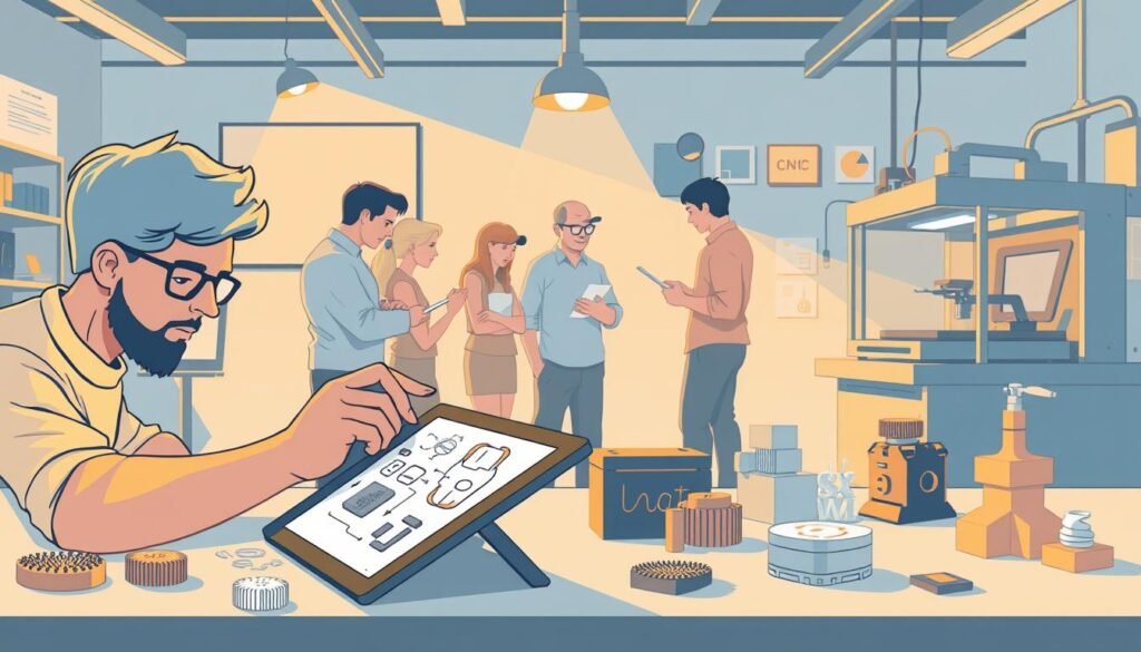 A stylized illustration showcasing the key steps of a rapid prototyping process for consumer tech startups. In the foreground, a designer sketches design ideas on a tablet, surrounded by 3D-printed prototypes and electronic components. In the middle ground, a team collaborates, reviewing prototypes and iterating on the design. In the background, a CNC mill and 3D printer operate, producing new iterations. Warm lighting illuminates the scene, creating a dynamic, collaborative atmosphere. The image conveys the agile, iterative nature of the prototyping workflow, with a focus on hands-on experimentation and rapid evaluation of design concepts.