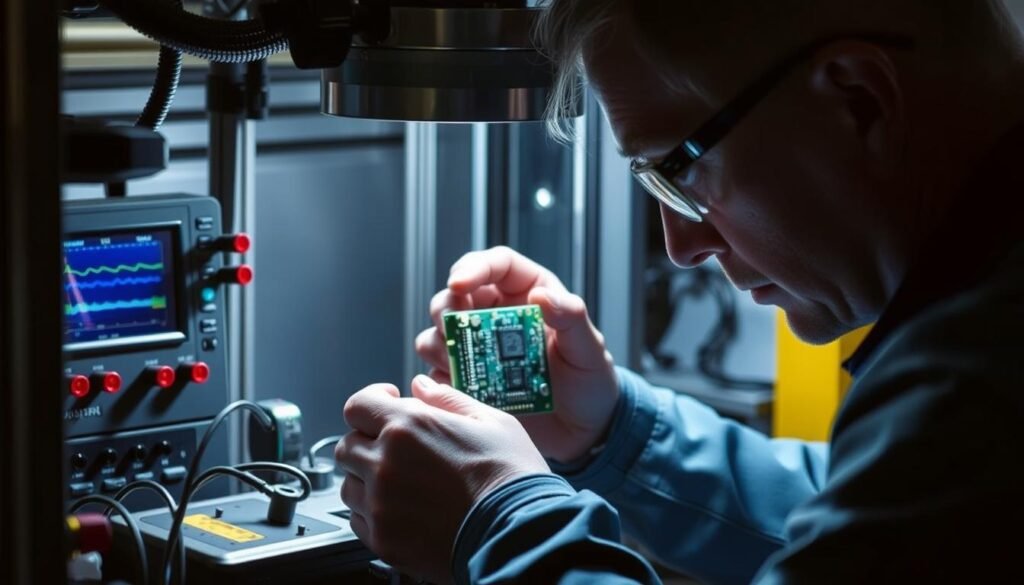 A technician meticulously examines an automotive electronic component under intense lighting, carefully assessing its resilience and performance under rigorous AEC-Q100 stress testing protocols. The component is positioned on a specialized testing rig, surrounded by an array of precision measurement instruments. The scene conveys a sense of diligent evaluation, with a focus on ensuring the part's reliability and suitability for mission-critical automotive applications. The lighting casts dramatic shadows, highlighting the component's intricate design and the technician's intense concentration.