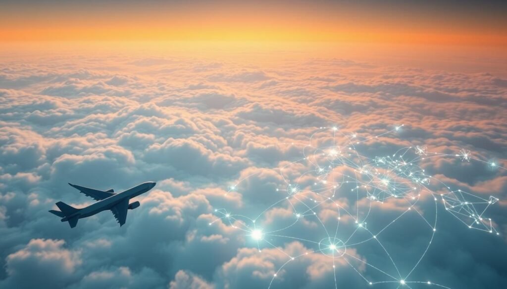 A vast, infinite expanse of the aerospace domain, captured in ethereal clouds that weave a tapestry of traceability. In the foreground, sleek aircraft silhouettes emerge, their digital shadows casting intricate patterns upon the wispy, luminous formations. The middle ground showcases a complex network of interconnected data streams, visualized as shimmering lines that intertwine and converge, conveying the seamless flow of information. In the distant background, a subtle glow emanates, hinting at the underlying technological infrastructure that enables this holistic traceability ecosystem. Soft, directional lighting casts a warm, authoritative tone, while the camera's lens captures the scene from a slightly elevated, bird's-eye perspective, emphasizing the grand scale and interconnectedness of the aerospace supply chain.