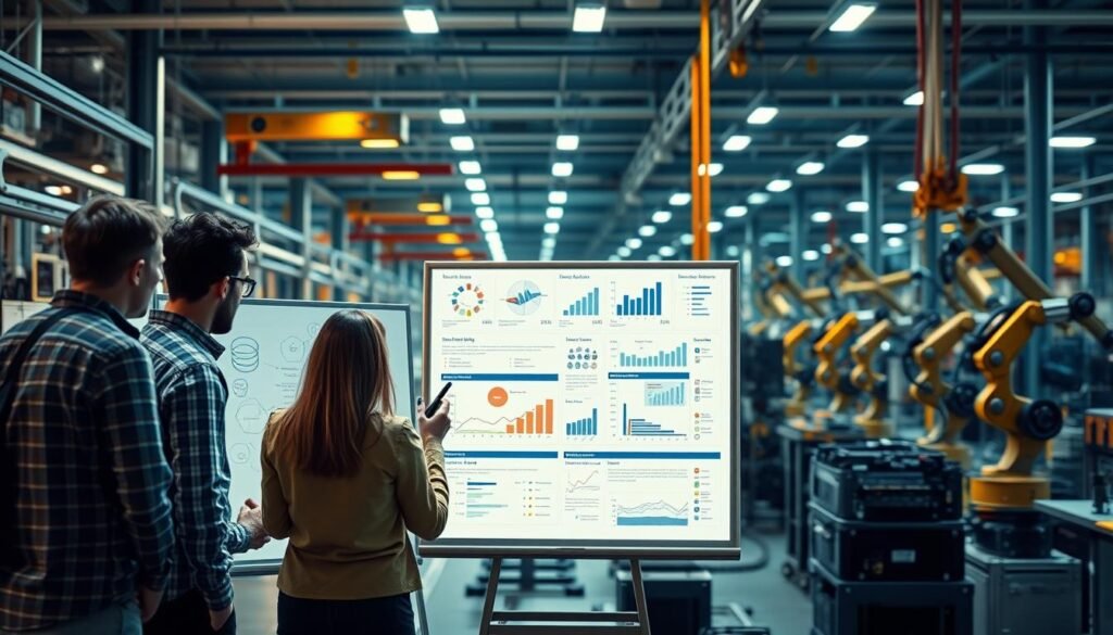 A well-lit and immersive workspace showcasing continuous improvement strategies. In the foreground, a team collaborates on a digital whiteboard, brainstorming ideas and methodologies. In the middle ground, visual charts, graphs, and Kanban boards display performance metrics and process optimizations. The background features a sleek, modern factory setting with robotic arms and assembly lines, symbolizing the seamless integration of these strategies in the manufacturing environment. The lighting is warm and focused, creating a sense of productivity and innovation. The overall atmosphere conveys a culture of ongoing refinement, problem-solving, and a relentless pursuit of zero defects.
