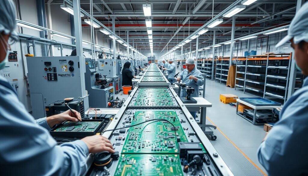 A well-lit, high-angle view of a smart meter PCB assembly line. In the foreground, workers carefully solder and assemble the PCB components, their hands steady and focused. The middle ground shows the PCB board moving through various automated assembly stages, with pick-and-place machines and inspection stations. In the background, a clean, organized factory floor with racks of tools and materials. The lighting is bright and evenly distributed, creating a sense of precision and attention to detail. The overall mood is one of efficiency, technology, and rigorous quality control, befitting the importance of smart meter PCBAs in the smart grid infrastructure.