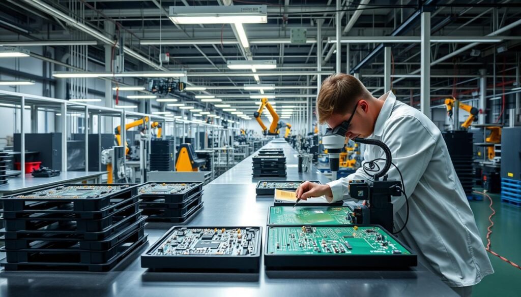 A well-lit industrial production facility, with a PCB inspection station in the foreground. On the table, a technician meticulously examines a circuit board, using a high-magnification lens and precision tools. Alongside, trays of completed boards await final testing. In the background, automated assembly lines and robotic arms assemble additional components, ensuring a seamless and reliable manufacturing process. The lighting is bright and even, highlighting the intricate details of the PCB and the focused attention of the inspector. The overall atmosphere conveys a sense of professionalism, quality control, and the importance of producing reliable electronic devices.
