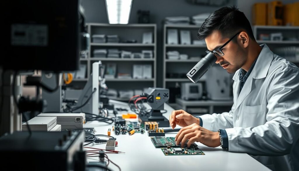 A well-lit industrial workbench showcases various electronic components and tools used in power over Ethernet (PoE) PCBA manufacturing. In the foreground, a technician in a white lab coat carefully inspects a circuit board under a high-magnification lens, ensuring meticulous quality control. The middle ground features an array of precision measurement devices, solder stations, and other specialized equipment. In the background, a clean, organized workspace with shelves displaying neatly organized components and manuals creates an atmosphere of professionalism and attention to detail. Soft, directional lighting casts subtle shadows, emphasizing the precision and care required in PoE PCBA production.
