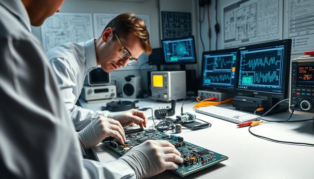 A well-lit laboratory setting, showcasing the intricacies of PCBA testing. In the foreground, an engineer carefully examines a circuit board, utilizing various diagnostic tools and instruments. The middle ground features a range of testing equipment, including oscilloscopes, multimeters, and specialized fixtures, all neatly arranged on a clean, organized workbench. The background depicts a backdrop of technical diagrams, schematics, and computer monitors displaying real-time test results, creating an atmosphere of precision and technological prowess. Soft, directional lighting casts subtle shadows, highlighting the detailed textures and components of the PCBA under examination, conveying the importance of thorough, methodical testing in the pursuit of reliable, high-quality consumer electronics.