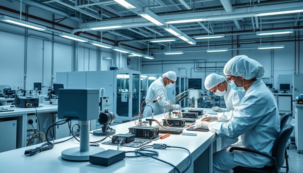 A well-lit production facility, workers in clean-room attire diligently testing and inspecting finished electronic components. Specialized equipment and tools are arranged neatly, indicating a methodical quality control process. The environment exudes an atmosphere of precision and attention to detail, with bright task lighting illuminating the workstations. Sleek, modern machinery stands in the background, underscoring the technological sophistication of the manufacturing operation. The scene conveys a sense of professionalism and dedication to ensuring consistent, high-quality outcomes in the box build assembly process.