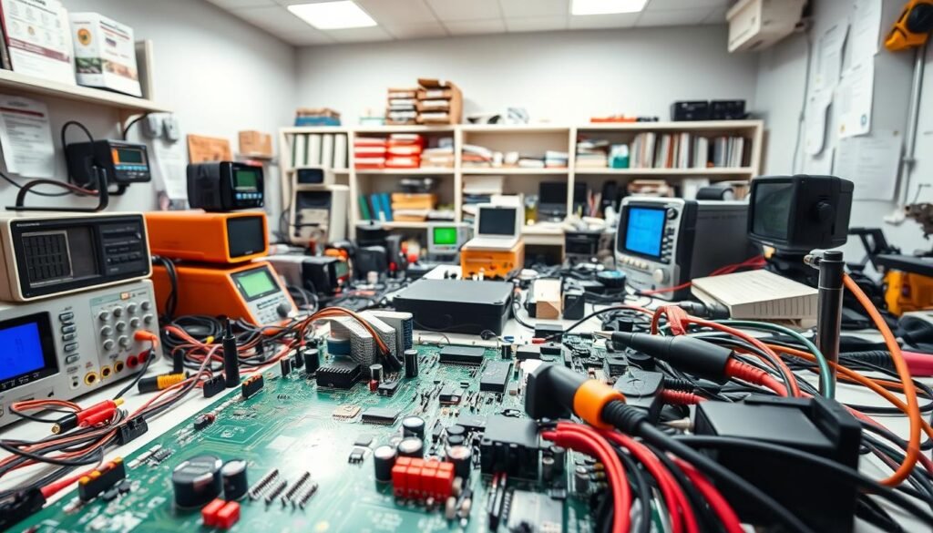 A well-lit workshop filled with various electronic testing equipment. In the foreground, a comprehensive PCB (printed circuit board) undergoing rigorous diagnostics, with probes and instruments meticulously examining its components and connections. The middle ground showcases an array of specialized testing tools, from digital multimeters and oscilloscopes to thermal imaging cameras and soldering stations. The background depicts a clean, organized space with shelves of reference materials and technical manuals, conveying a sense of precision and expertise. Diffused lighting creates a professional, technical atmosphere, highlighting the importance of thorough PCB testing for ensuring reliable performance and extended lifespan.
