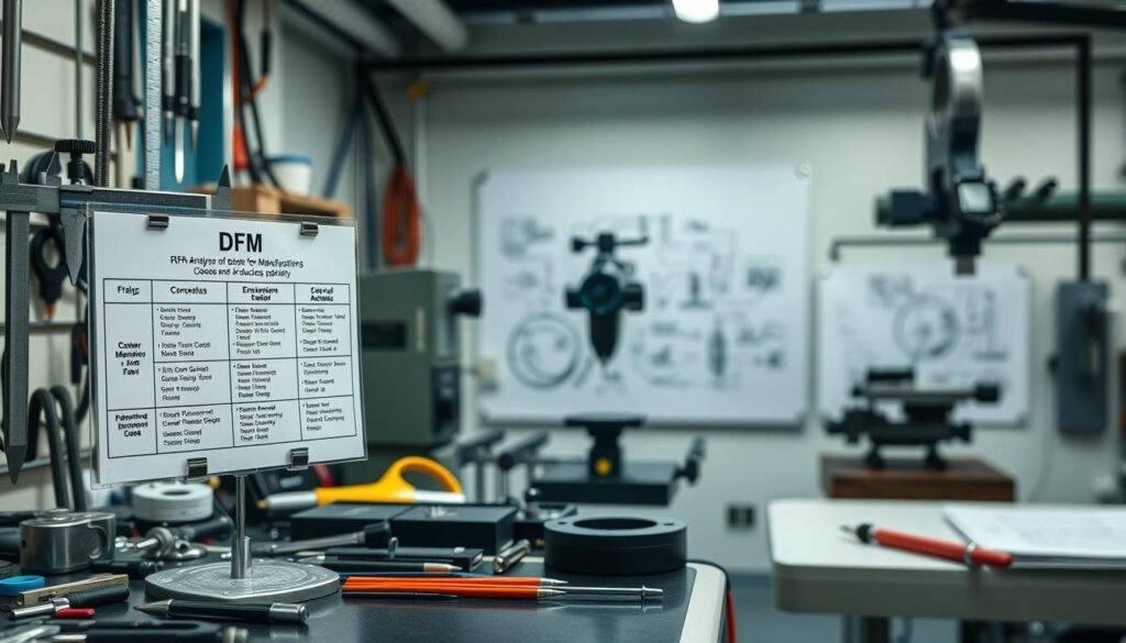 A well-lit workshop setting, showcasing an array of DFM (Design for Manufacturability) tools, including calipers, micrometers, and coordinate measuring machines. In the foreground, a risk analysis diagram is prominently displayed, depicting various factors and their potential impact on the manufacturing process. The middle ground features a technical schematic or engineering drawing, highlighting design considerations for automotive sensor components. The background evokes a sense of precision and attention to detail, with clean lines and a neutral color palette, conveying the importance of thorough planning and evaluation in ensuring the manufacturability and reliability of automotive sensor products.
