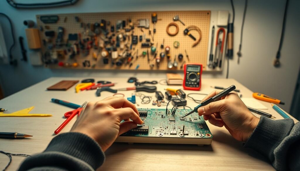 A well-lit workshop with a clean, organized workbench showcasing the step-by-step process of assembling a printed circuit board (PCB) for an outdoor security device. In the foreground, skilled hands carefully placing components on the bare PCB, soldering them in place with precision. In the middle ground, various tools and instruments - soldering iron, tweezers, multimeter - neatly arranged, reflecting the meticulous nature of the task. The background features a wall-mounted pegboard displaying an array of electronic components, conveying the technical expertise required. The overall atmosphere is one of focused professionalism, with subtle industrial lighting casting a warm glow over the workspace.