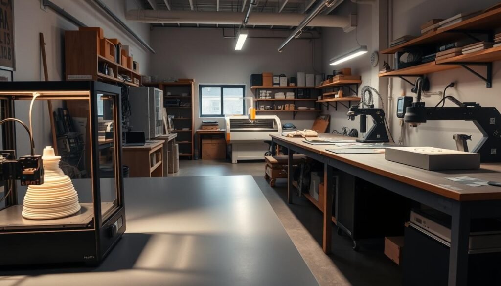 A well-lit workshop with an array of rapid prototyping tools and materials. In the foreground, a 3D printer precisely extruding layers of plastic, casting a warm glow. In the middle ground, a laser cutter precisely carving intricate designs into a sheet of acrylic. In the background, a CNC milling machine meticulously shaping a block of aluminum. The space is orderly and organized, with workbenches, shelves, and tools neatly arranged, conveying an atmosphere of focused creativity and problem-solving. Soft, directional lighting casts dramatic shadows, emphasizing the technical nature of the processes on display.