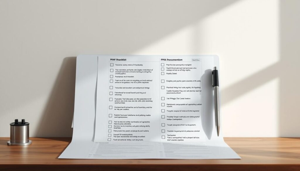A well-organized workspace with a wooden desktop showcasing a neatly arranged checklist for the PPAP documentation process. The checklist features various sections, each with detailed descriptions and tick boxes, presented against a clean, minimalist background. Soft, natural lighting from the side creates subtle shadows, emphasizing the professional and organized nature of the scene. The overall composition conveys a sense of efficiency, attention to detail, and a streamlined approach to managing PPAP requirements.