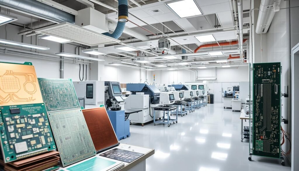 An aerospace PCB laboratory, brightly lit with natural and artificial lighting. In the foreground, a variety of advanced PCB materials are displayed, including high-performance laminates, specialized copper foils, and cutting-edge solder mask technologies. In the middle ground, state-of-the-art PCB manufacturing equipment is visible, such as high-precision drilling machines, automated assembly lines, and advanced testing stations. In the background, a panoramic view of the clean room environment, with pristine white walls and floors, and sophisticated air filtration systems. The overall atmosphere conveys a sense of precision, innovation, and the relentless pursuit of technological excellence in the aerospace industry.