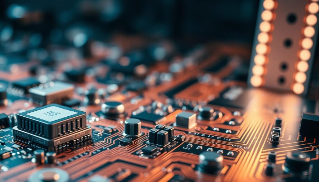 An intricate circuit board, its copper traces and vias shimmering under precise studio lighting. In the foreground, cutting-edge automotive electronic components - microprocessors, sensors, and connectivity modules - are artfully arranged, hinting at the advanced functionality powering modern in-vehicle infotainment systems. The middle ground showcases innovative PCB design elements, such as multi-layer construction, flexible interconnects, and compact form factors tailored for the automotive environment. In the background, a blurred perspective reveals the complex network of automotive systems the PCB seamlessly integrates with, creating a cohesive and technologically advanced digital cockpit experience.