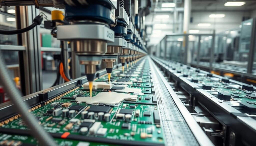 Automated potting equipment dispensing resin onto circuit boards in a production line