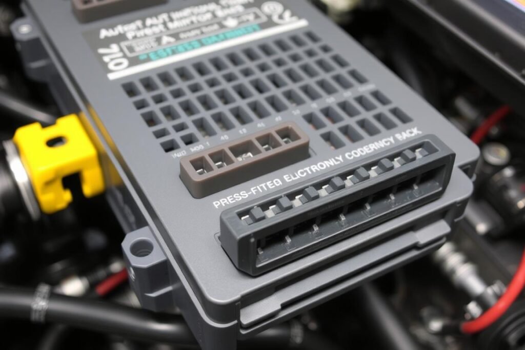 Automotive electronic control unit with press-fit connectors in a vehicle environment