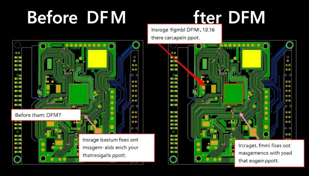 Before and after comparison of a PCB design based on DFM feedback Before and after comparison of a PCB design based on DFM feedback