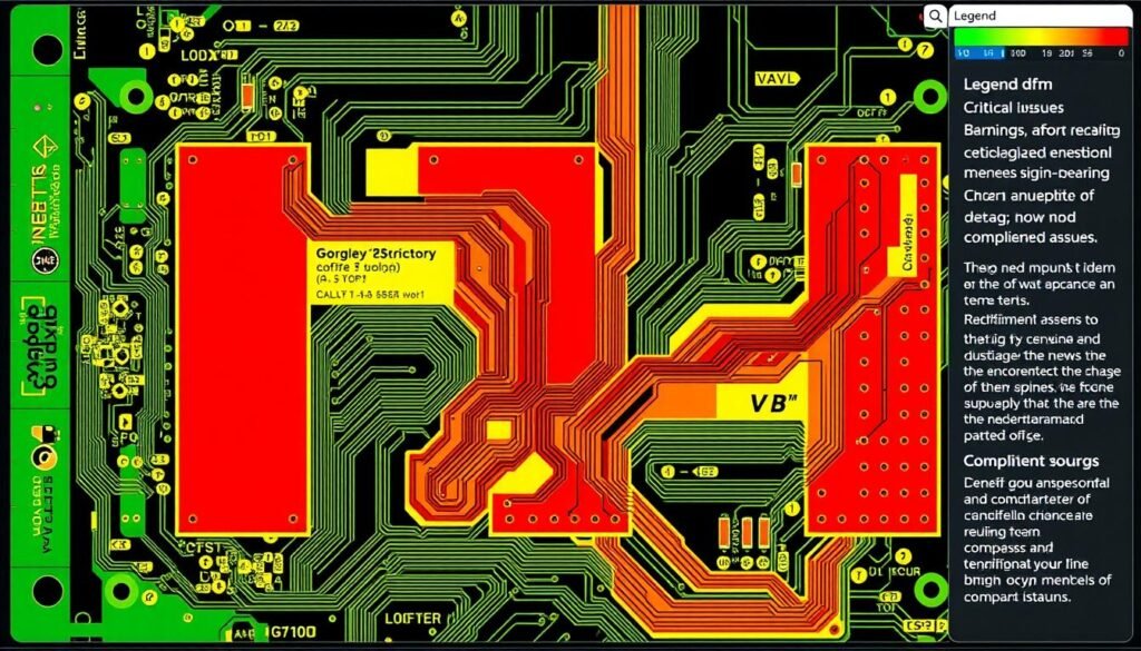 Color-coded DFM visualization showing various issues on a PCB Color-coded DFM visualization showing various issues on a PCB