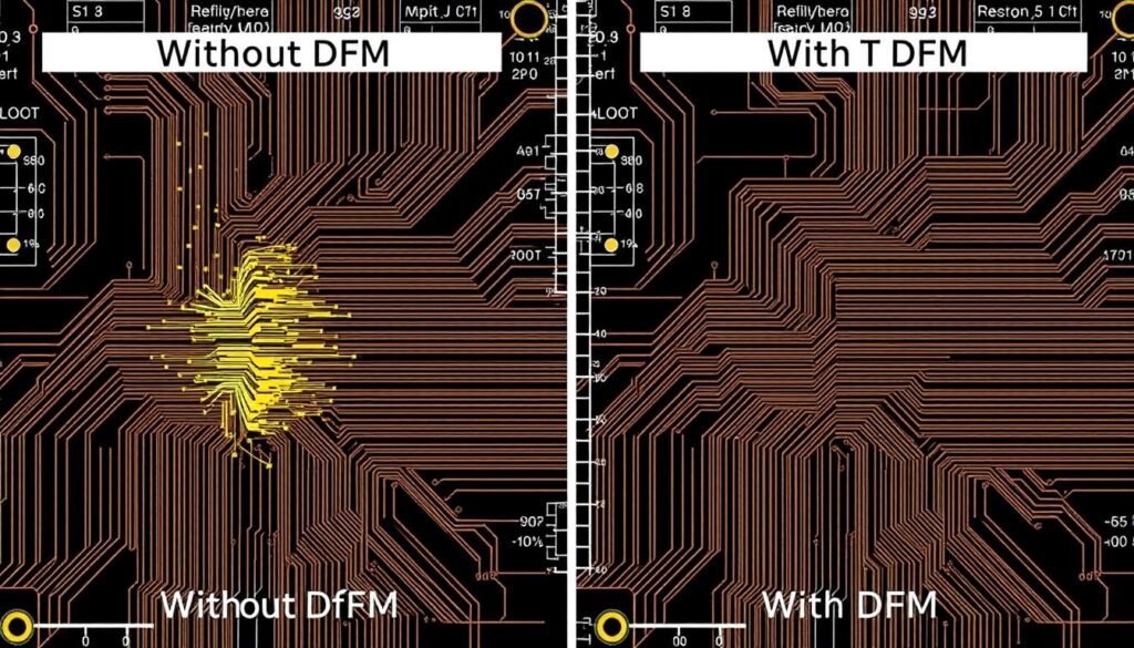Comparison of PCB with and without DFM for Signal Integrity showing signal quality differences