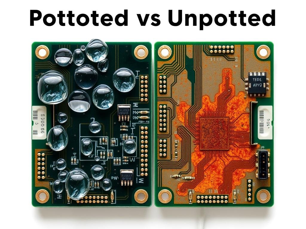 Comparison of potted vs unpotted circuit boards showing moisture resistance test