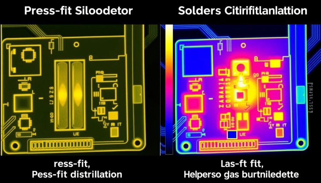 Comparison of press-fit vs soldered connection showing thermal distribution differences