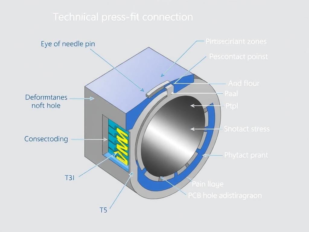 Cross-section diagram of a press-fit pin showing the eye-of-needle design and deformation zones