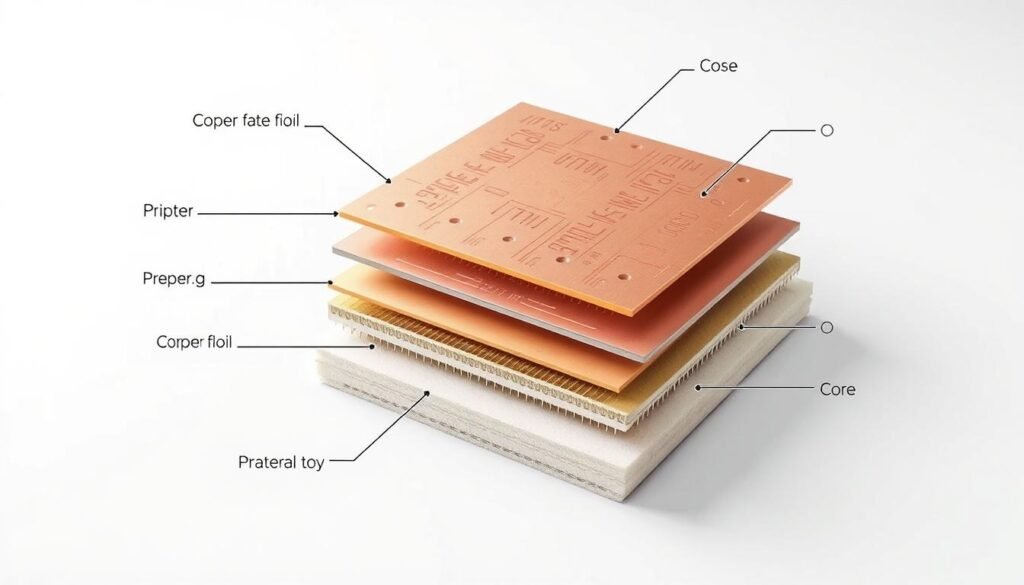 Cross-section of PCB laminate materials showing layers of copper, prepreg, and core materials