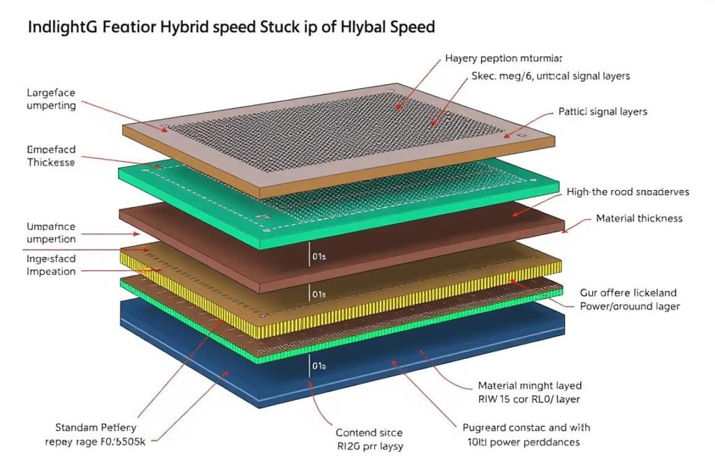 Cross-section of a hybrid PCB stack-up showing different material layers Cross-section of a hybrid PCB stack-up showing different material layers