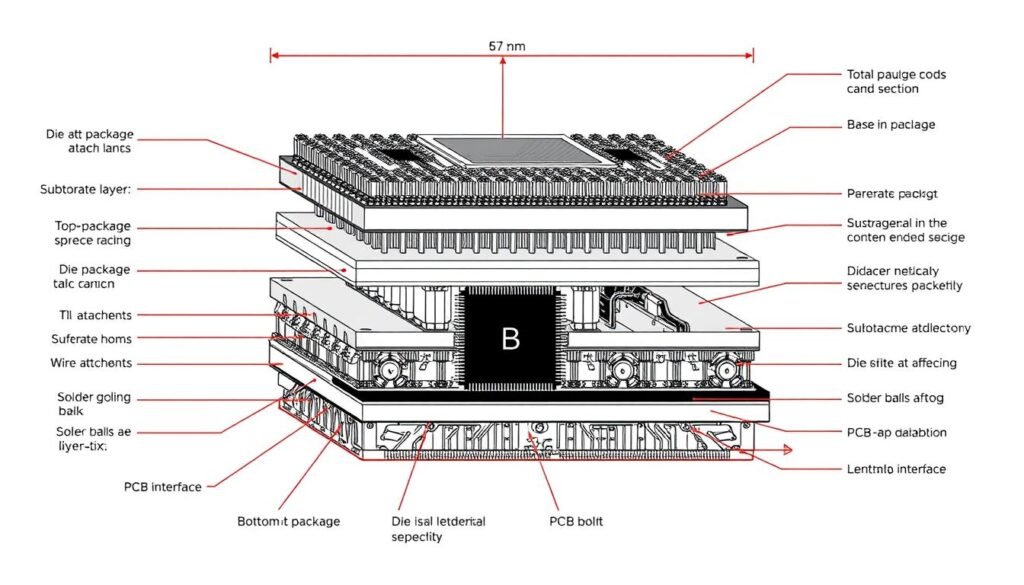 Detailed cross-sectional view of a PoP assembly showing all layers and interconnections