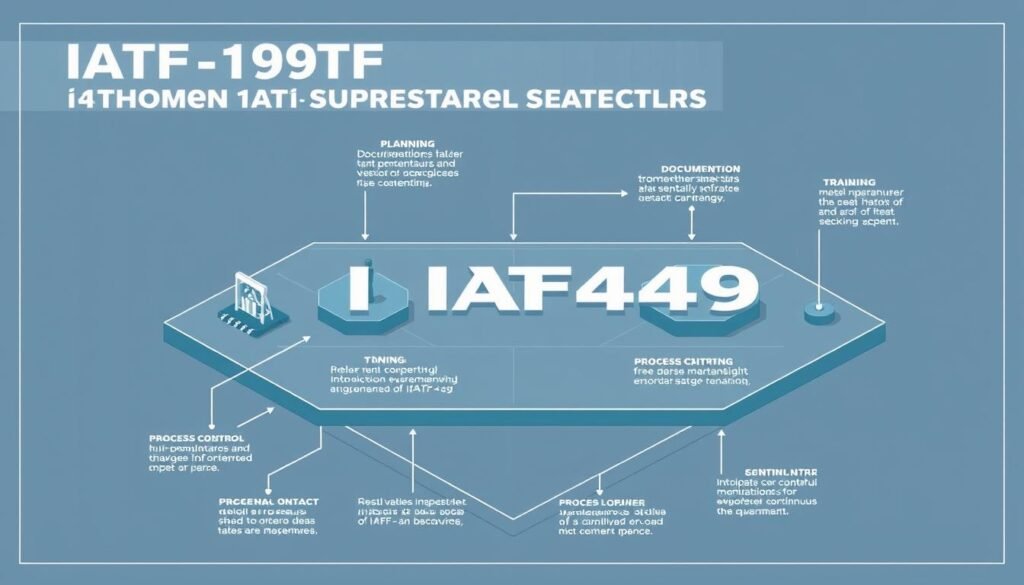Detailed schematic diagram depicting the step-by-step implementation of IATF 16949 quality management system. Clean, technical blueprint-style illustration with isometric perspective. Minimalist layout showcasing key stages in a logical flow: planning, documentation, training, process control, measurement, continuous improvement. Muted color palette of blues, grays, and greens evokes industrial precision. Crisp edges, precise linework, and subtle shadows convey the rigorous, systematic nature of IATF 16949 compliance. No extraneous elements - the focus is solely on illustrating the core implementation process.
