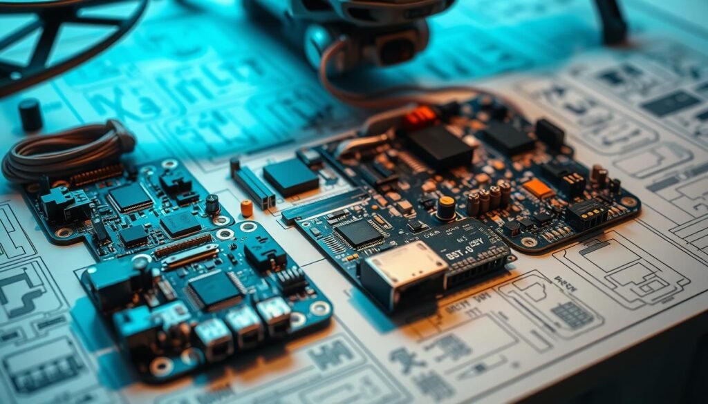Detailed schematics of a drone flight control electronics system, showcased on a sleek, modern workbench. Intricate circuit boards with microprocessors, sensors, and connectors arranged in a visually striking layout. Soft, directional lighting highlights the technological complexity, casting dramatic shadows that convey a sense of precision engineering. The scene exudes a professional, high-tech atmosphere, reflecting the advanced nature of the electronics. The overall composition emphasizes the integration of sophisticated components, alluding to the seamless integration of drone technologies.