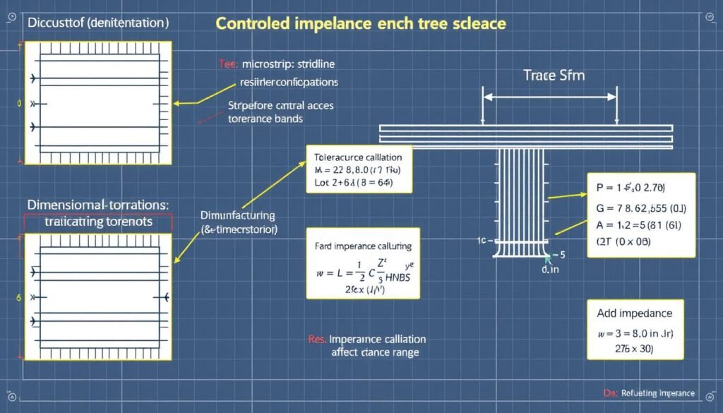 Diagram showing controlled impedance trace structures with manufacturing tolerances Diagram showing controlled impedance trace structures with manufacturing tolerances