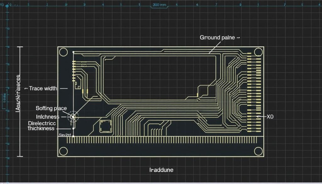 Diagram showing impedance control in PCB transmission lines with labeled components
